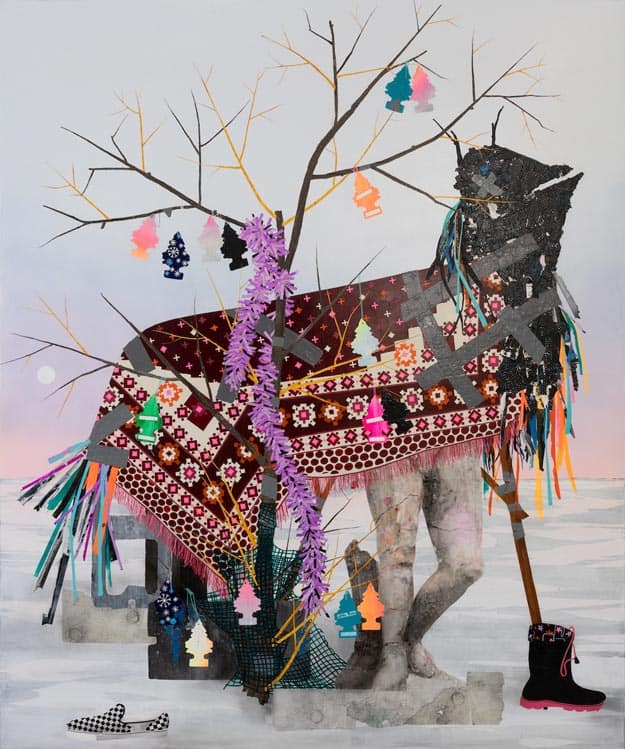 A surreal image depicts a wooden horse adorned with colorful decorations, including air fresheners, tinsel, and festive blankets. The horse has a prosthetic leg and stands on a snowy ground with a single plaid shoe and a boot nearby.