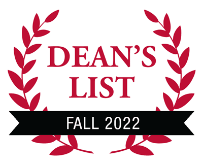 An image displays a red laurel wreath encircling the text "Dean's List" in red font at the center. Below, a black banner with white text reads "Fall 2022.