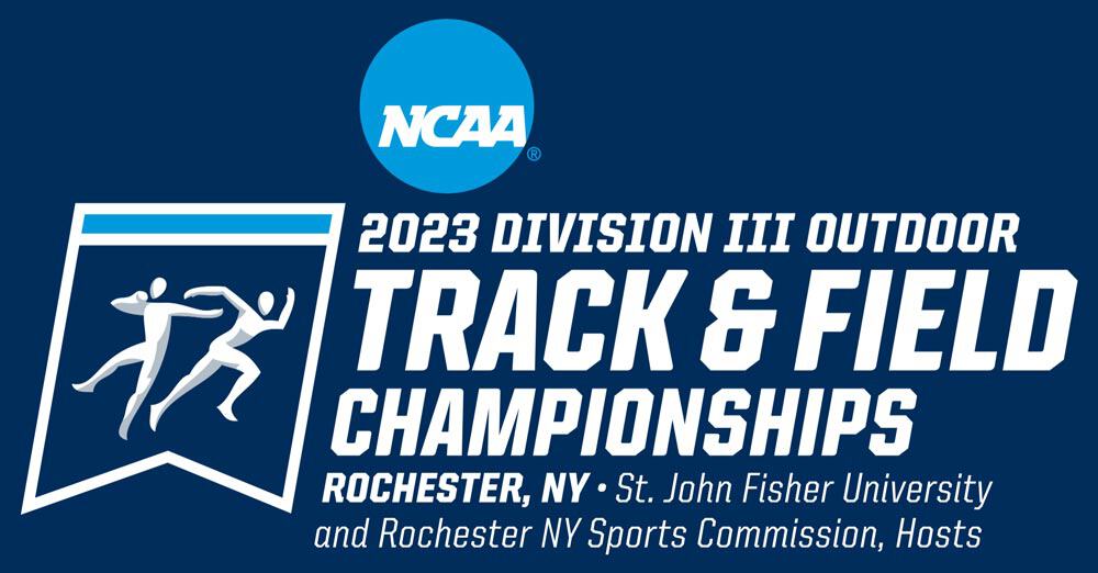 Blue banner with NCAA logo. Text reads: "2023 Division III Outdoor Track & Field Championships, Rochester, NY · St. John Fisher University and Rochester NY Sports Commission, Hosts." Image includes stylized icons of two athletes running.