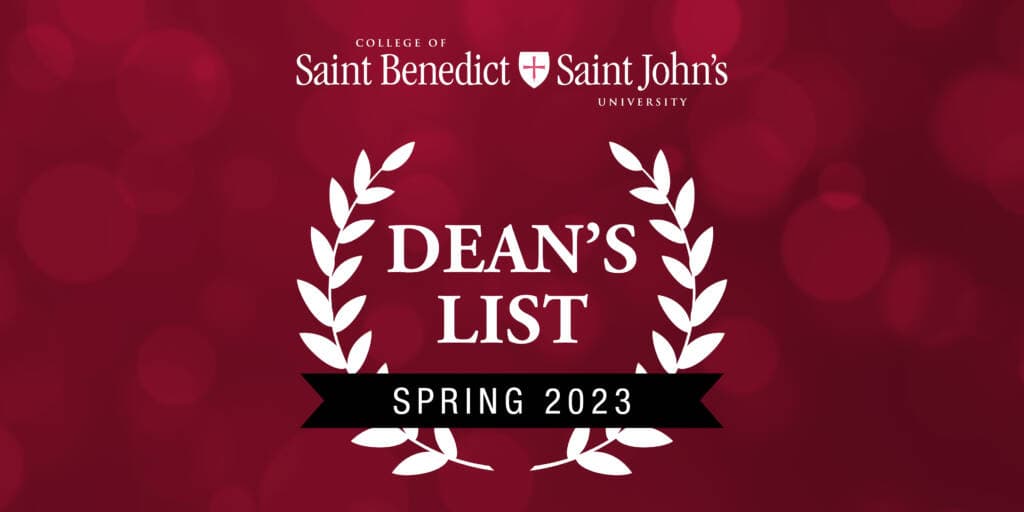 A red background image with the text "College of Saint Benedict Saint John’s University" at the top. Below it, white laurel wreaths encircle the words "Dean's List." A black banner at the bottom center reads "Spring 2023.