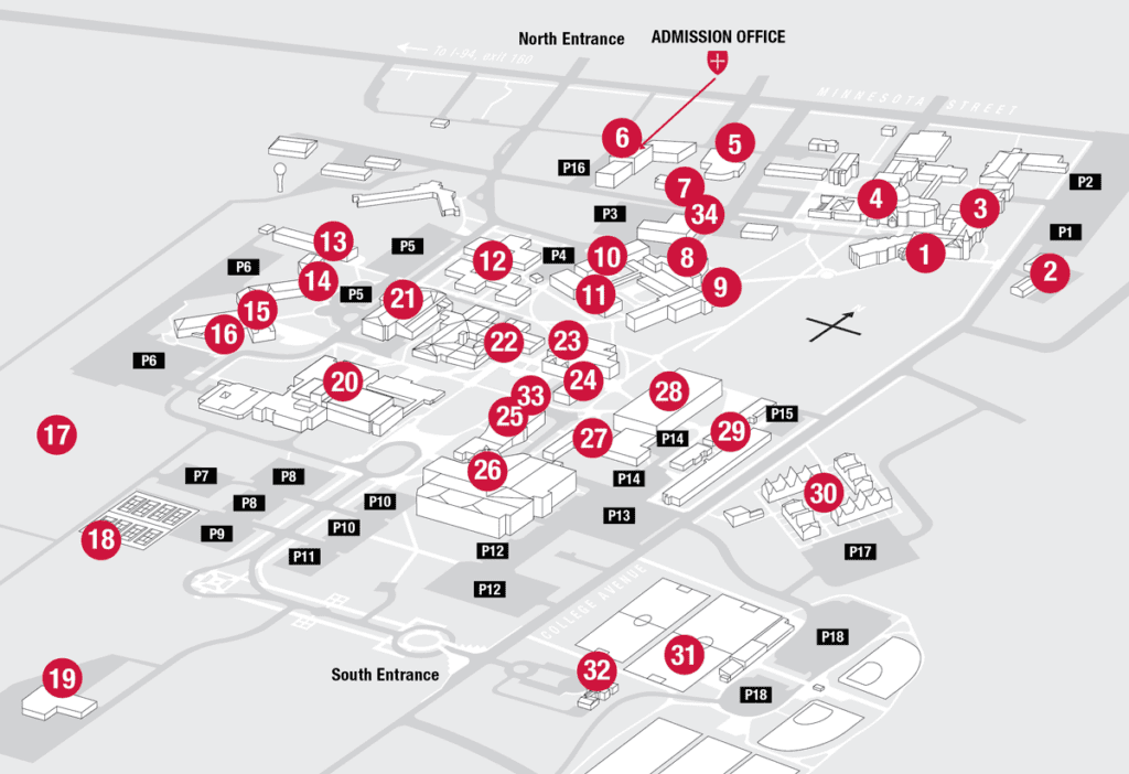 Campus map showing various buildings and parking lots. Key buildings include the admissions office (7), libraries, lecture halls, and student unions, numbered for reference. North and south entrances are marked, alongside parking lots labeled P1-P19.