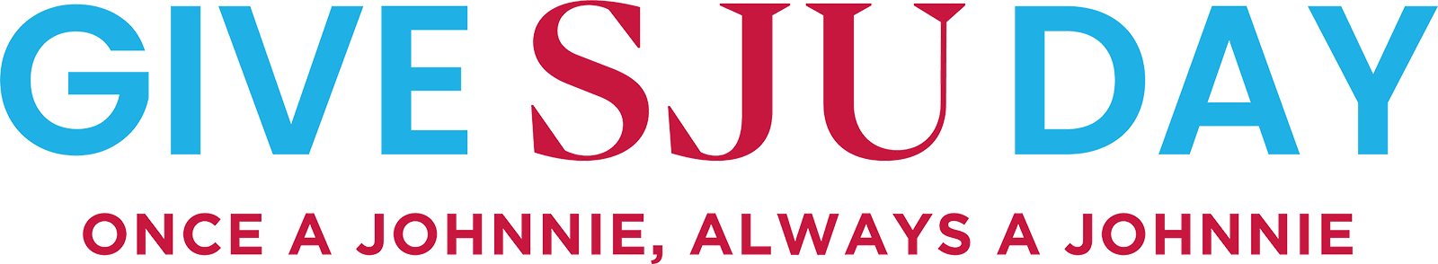 Text reads "Give SJU Day" in large letters, with "Once a Johnnie, Always a Johnnie" below. The top text is in blue and red, and the bottom text is in red.