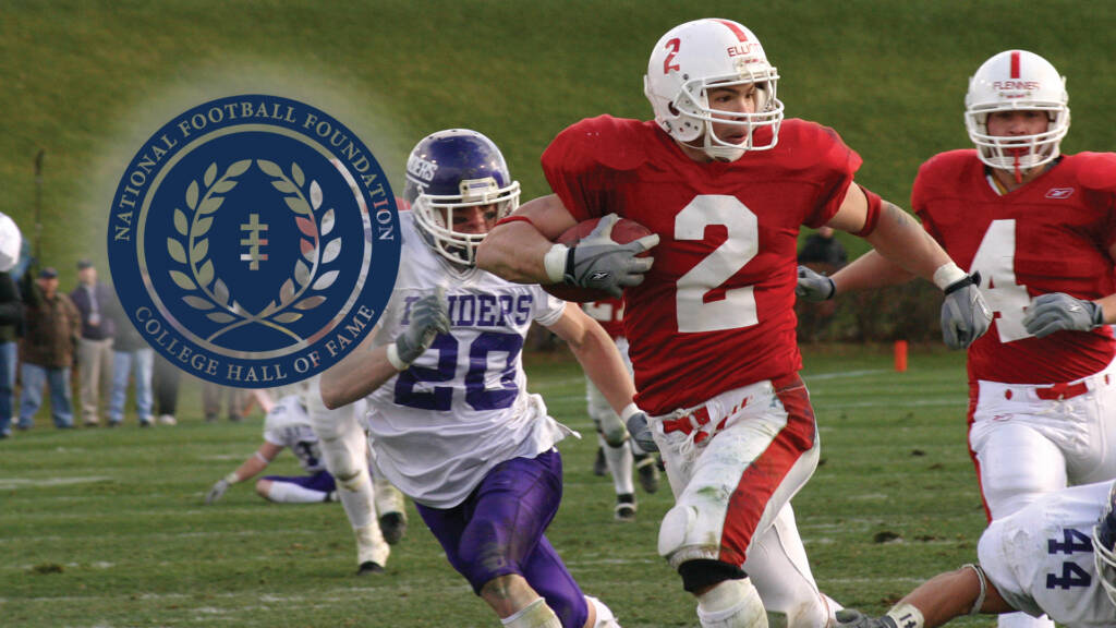 A football player in a red uniform runs with the ball, pursued by players in purple and white uniforms. The logo of the National Football Foundation College Hall of Fame is superimposed on the image.